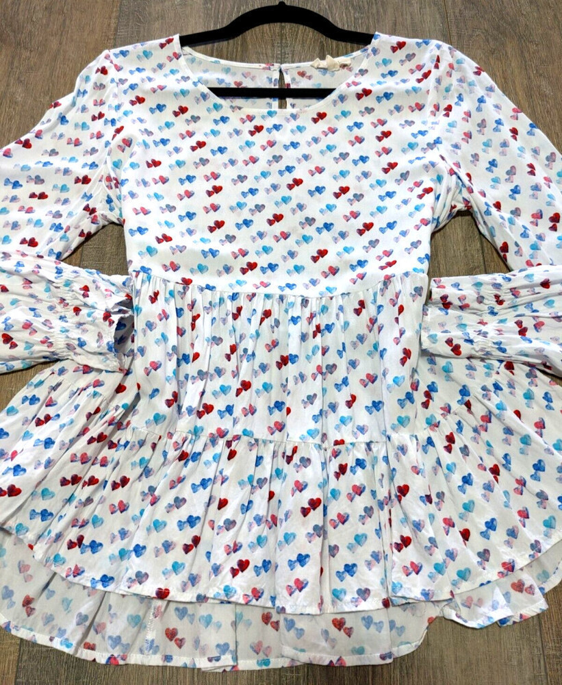 JANE Delaney Top Womens Small White Heart Print Long Sleeve Ruffle Waist Casual